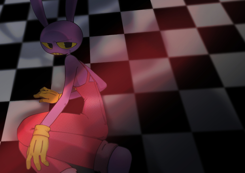 2boys absurdres animal_ears animal_feet black_eyes caine_(the_amazing_digital_circus) checkered_floor clenched_teeth colored_sclera colored_skin colored_teeth doorway furrowed_brow gloves highres jax_(the_amazing_digital_circus) knees_bent legs_together looking_at_viewer looking_back lying male_focus multiple_boys no_shoes on_side overalls pink_overalls pocket purple_fur purple_skin rabbit_boy rabbit_ears red_overalls shadow solo_focus sweatdrop teeth the_amazing_digital_circus yellow_buttons yellow_gloves yellow_sclera yellow_teeth