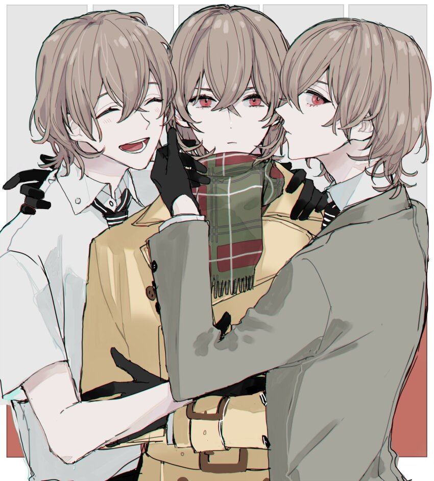 akechi_gorou arm_belt belt belt_buckle black_gloves border brown_hair buckle closed_eyes closed_mouth collared_shirt crossed_arms crossed_bangs dot_nose double-parted_bangs gloves grey_jacket hair_behind_ear hair_between_eyes hand_on_another&#039;s_shoulder highres jacket lapels layered_sleeves long_sleeves looking_to_the_side lower_eyelashes_only male_focus meimei_hituzi multiple_persona necktie notched_lapels open_mouth outside_border persona persona_5 plaid_clothes plaid_scarf red_eyes scarf shirt short_sleeves sideways_glance striped_necktie suit_jacket teeth upper_body white_border white_shirt wing_collar yellow_belt yellow_jacket