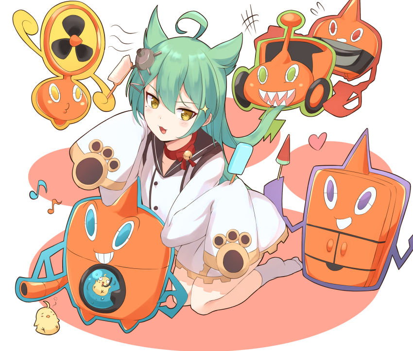 1girl absurdres ahoge akashi_(azur_lane) azur_lane bell bird blush chick commentary_request crossover gen_4_pokemon green_hair grey_legwear hair_between_eyes hair_ornament haneramu heart highres long_hair long_sleeves manjuu_(azur_lane) musical_note nintendo open_mouth pokemon pokemon_(creature) rotom rotom_(fan) rotom_(frost) rotom_(heat) rotom_(mow) rotom_(wash) sleeves_past_fingers sleeves_past_wrists socks sparkle tongue yellow_eyes