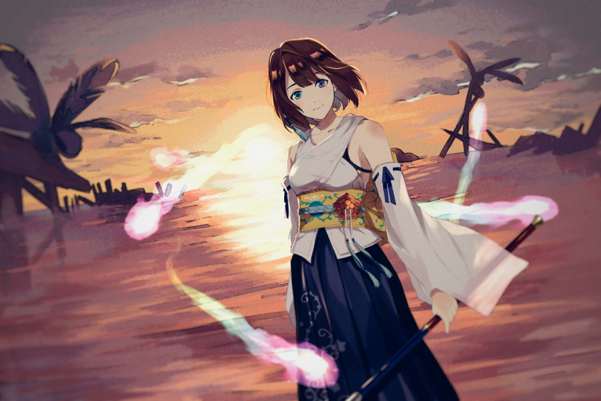 1girl blue_eyes breasts brown_hair closed_mouth commentary_request detached_sleeves female_focus final_fantasy final_fantasy_x green_eyes hair_ornament hakama hakama_skirt heterochromia highres holding japanese_clothes looking_at_viewer short_hair skirt smile solo staff yawai_tofu yuna