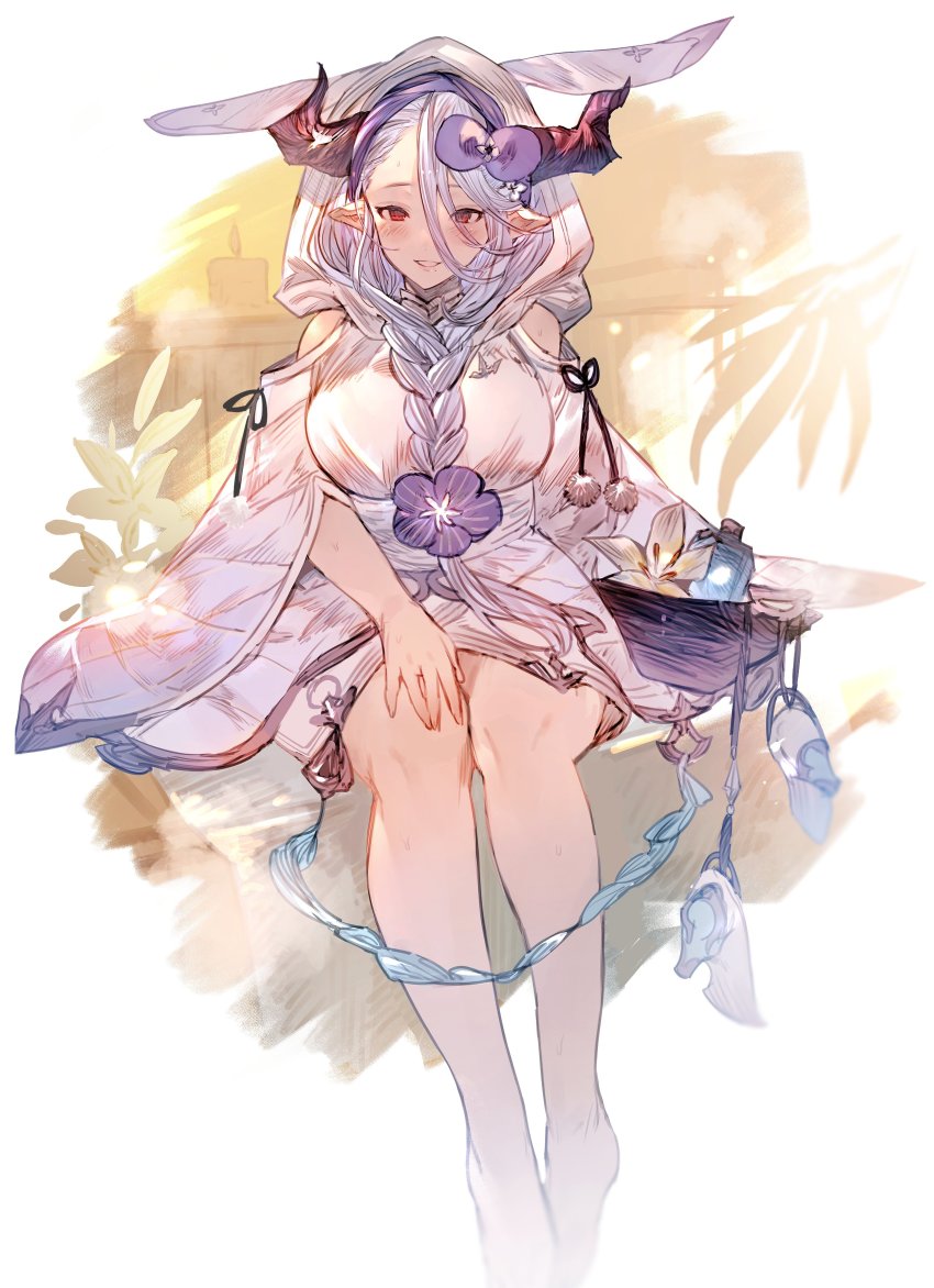 1girl absurdres barefoot braid breasts draph flower granblue_fantasy hair_flower hair_ornament hand_on_own_knee highres hood horns izmir japanese_clothes kimono large_breasts long_hair mayutsuba_mono pointy_ears red_eyes sitting yukata