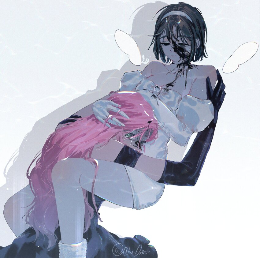 2girls alien_stage black_blood black_dress black_gloves blood blood_on_face blood_on_neck commentary dress elbow_gloves gloves hairband hashtag-only_commentary highres hug long_hair maelein mizi_(alien_stage) multiple_girls pink_hair shadow short_hair signature sitting smile sua_(alien_stage) tears very_long_hair white_dress white_gloves white_hairband white_wings wings