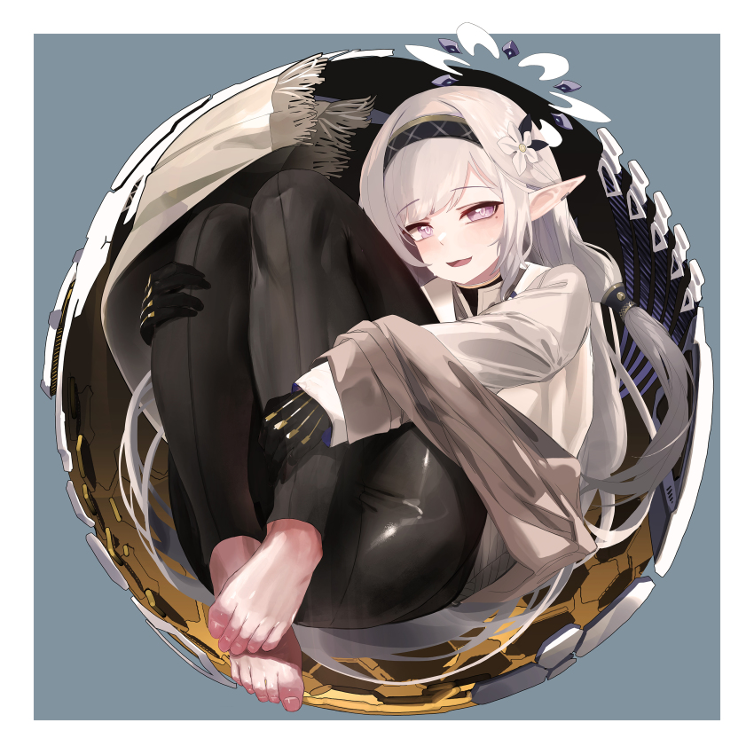 1girl absurdres barefoot black_gloves black_hairband black_pants blue_archive feet flower full_body gloves grey_hair hair_flower hair_ornament hair_tubes hairband halo highres himari_(blue_archive) long_hair long_sleeves looking_at_viewer mo_ne mole mole_under_eye open_mouth pants pointy_ears purple_eyes solo