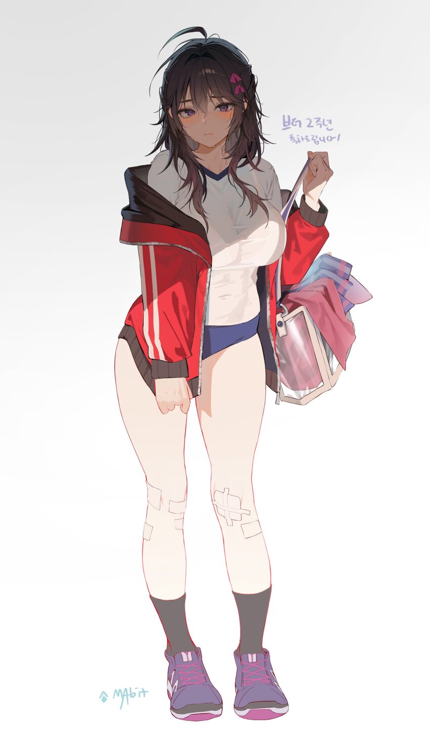 1girl absurdres ahoge ankle_socks bag bandage_on_knee bandages black_hair black_socks blue_buruma bra breasts brown_dust_(series) brown_dust_2 buruma commentary_request covered_navel duffel_bag gym_uniform highres jacket korean_commentary large_breasts loen_(brown_dust_2) loen_(track_and_field_team)_(brown_dust_2) long_hair looking_at_viewer messy_hair myabit navel open_clothes open_jacket purple_eyes red_jacket see-through_clothes shirt shoes shoulder_bag sneakers socks solo sweat underwear very_sweaty white_background white_bra white_shirt