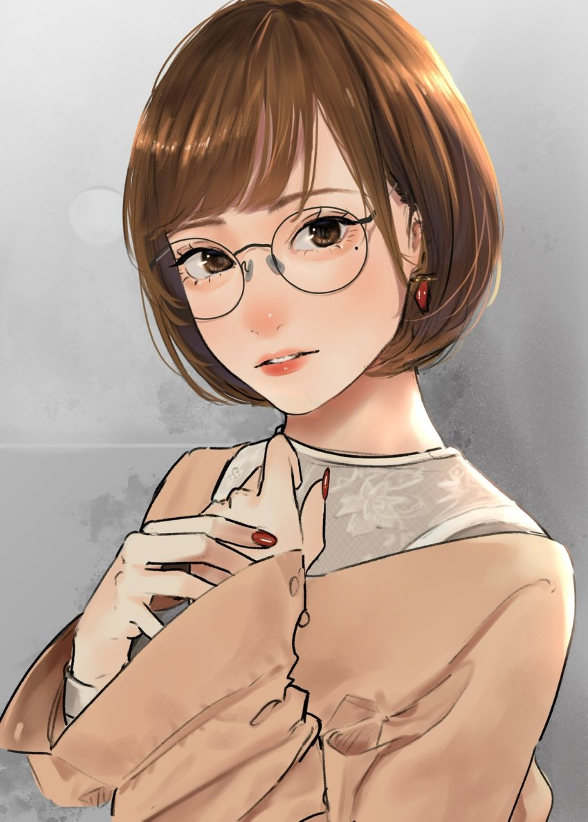 1girl blush bob_cut brown_cardigan brown_eyes brown_hair cardigan earrings glasses hands_up highres jewelry lips lipstick long_sleeves looking_at_viewer makeup mole mole_under_eye nail_polish original parted_lips round_eyewear saitou_(lynx-shrike) shirt short_hair solo white_shirt