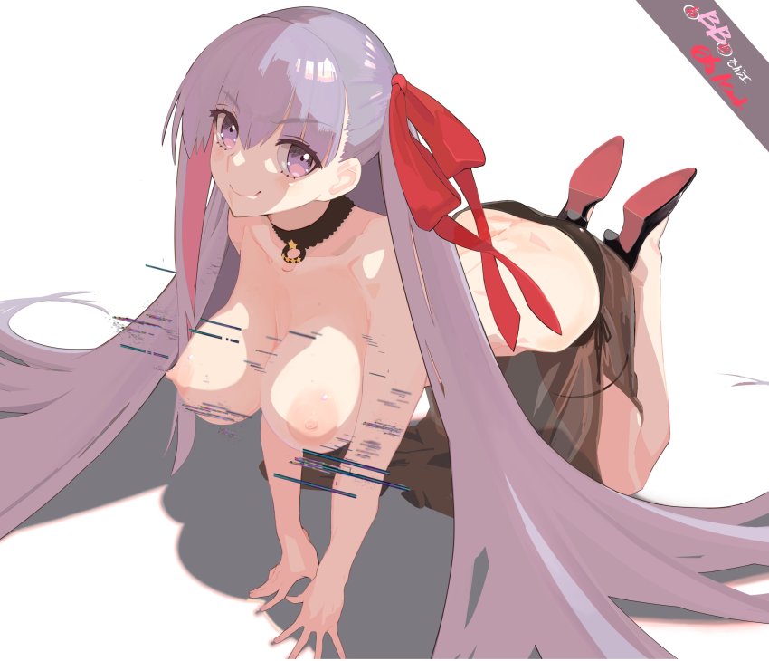 1girl absurdres all_fours bare_shoulders bb_(fate) bb_(fate/extra) bikini black_bikini blush breasts collarbone fate/extra fate/extra_ccc fate_(series) hair_ribbon high_heels highres large_breasts long_hair looking_at_viewer nipples purple_eyes purple_hair red_ribbon ribbon sarong smile solo swimsuit topless_female very_long_hair wr_(karakusa_senbei)