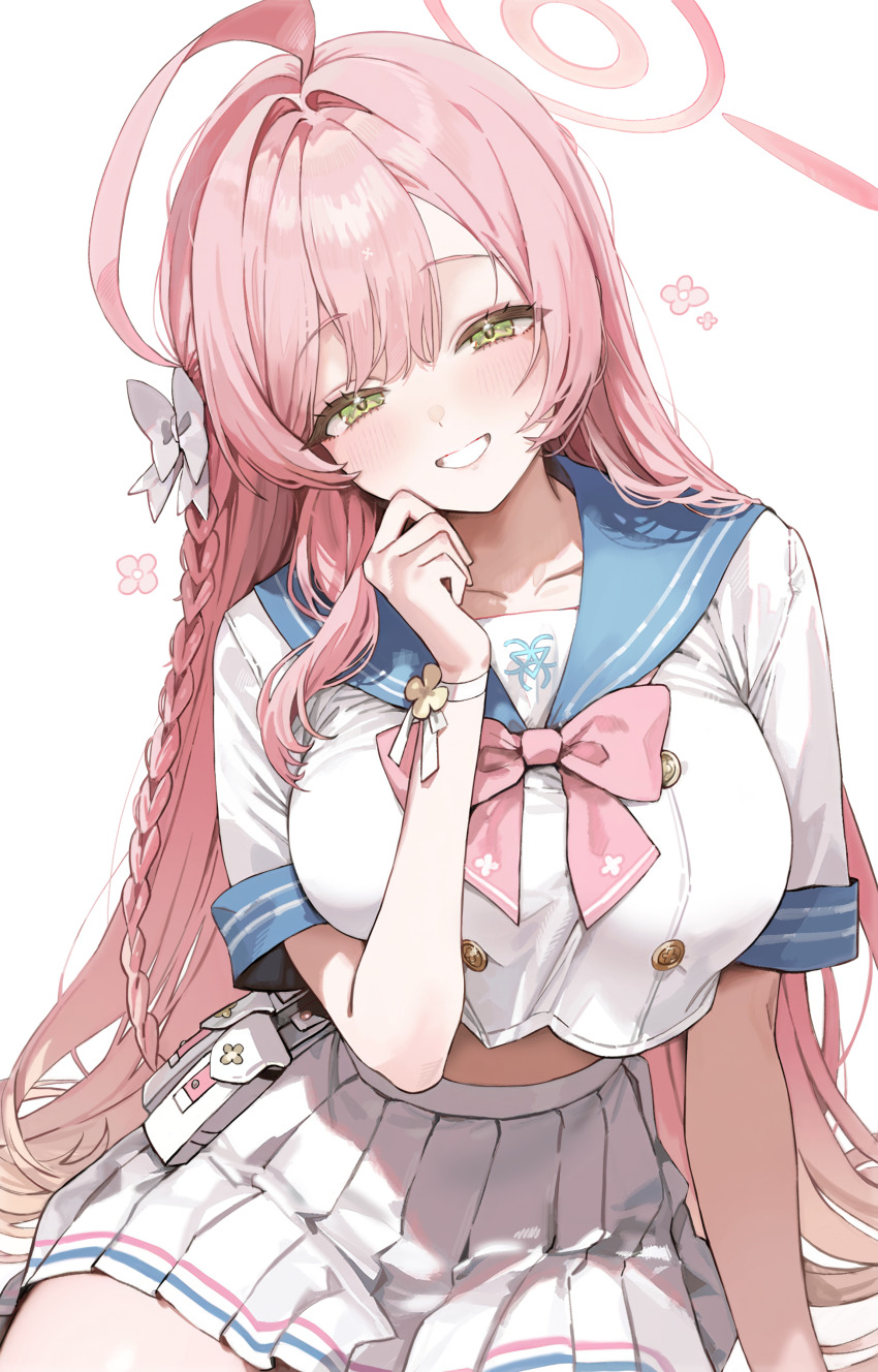 1girl absurdres ahoge blue_archive blue_sailor_collar bow bowtie braid breasts buttons collarbone double-breasted eyelashes freng green_eyes grin hair_bow hair_intakes hair_over_shoulder halo hanako_(blue_archive) hand_up happy head_tilt highres huge_ahoge large_breasts long_hair looking_at_viewer midriff miniskirt pink_bow pink_bowtie pink_hair pink_halo pleated_skirt sailor_collar school_uniform serafuku shirt short_sleeves simple_background single_braid sitting skirt smile solo thighs white_background white_bow white_serafuku white_shirt white_skirt