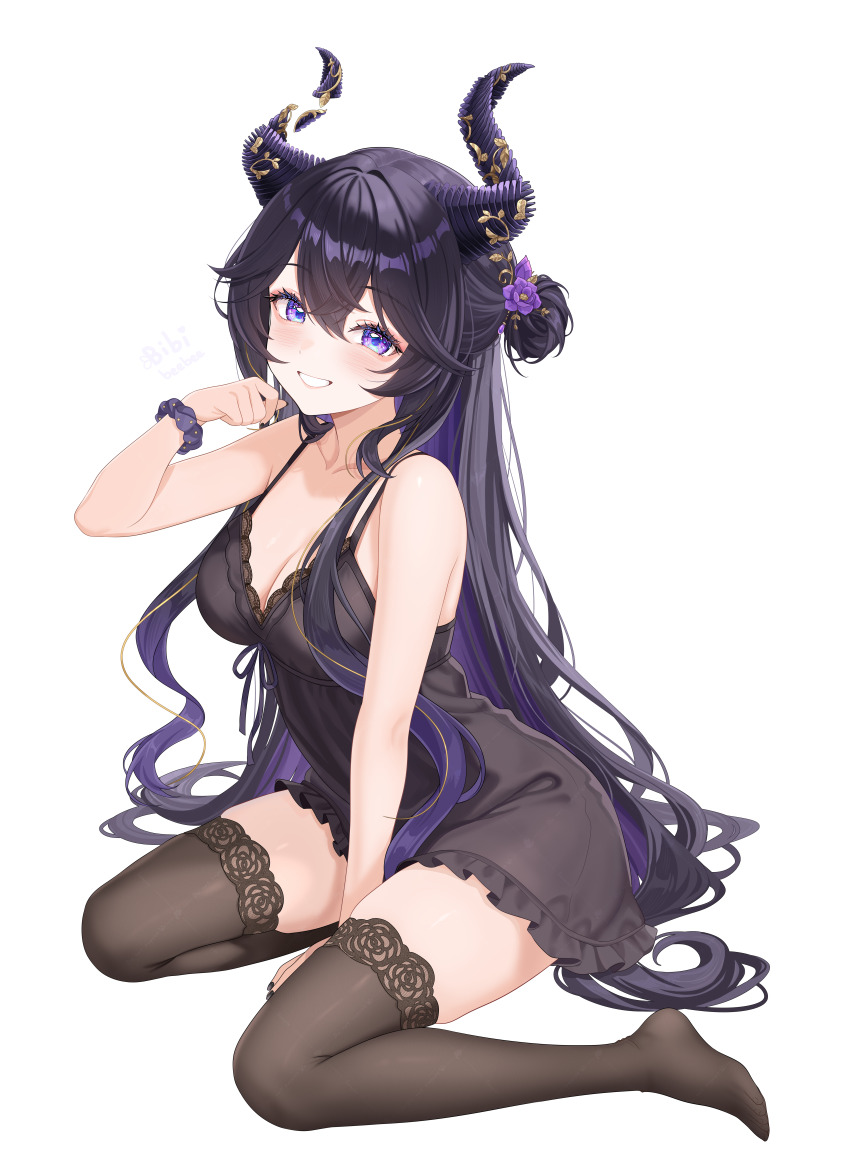 1girl absurdres bare_arms bare_shoulders between_legs bibixart black_hair black_nightgown breasts brown_thighhighs cleavage flower frilled_nightgown grin hair_between_eyes hair_bun hair_flower hair_ornament hand_between_legs hand_up highres horns indie_virtual_youtuber long_hair looking_at_viewer medium_breasts nightgown no_shoes purple_eyes purple_hair scrunchie simple_background sitting smile solo spaghetti_strap thighhighs unjaded_(vtuber) very_long_hair virtual_youtuber wariza white_background wrist_scrunchie zettai_ryouiki
