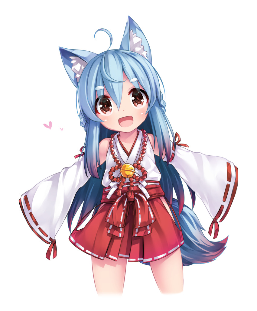 1girl ahoge animal_ear_fluff animal_ears blue_hair brown_eyes character_request detached_sleeves dog_ears dog_tail female_focus hair_ornament hairclip hakama hakama_short_skirt hakama_skirt highres indie_virtual_youtuber japanese_clothes long_hair miko miniskirt open_mouth original outstretched_arms red_hakama red_skirt shirt simple_background skirt sleeves_past_wrists smile solo tail tamase_tama virtual_youtuber white_background white_shirt