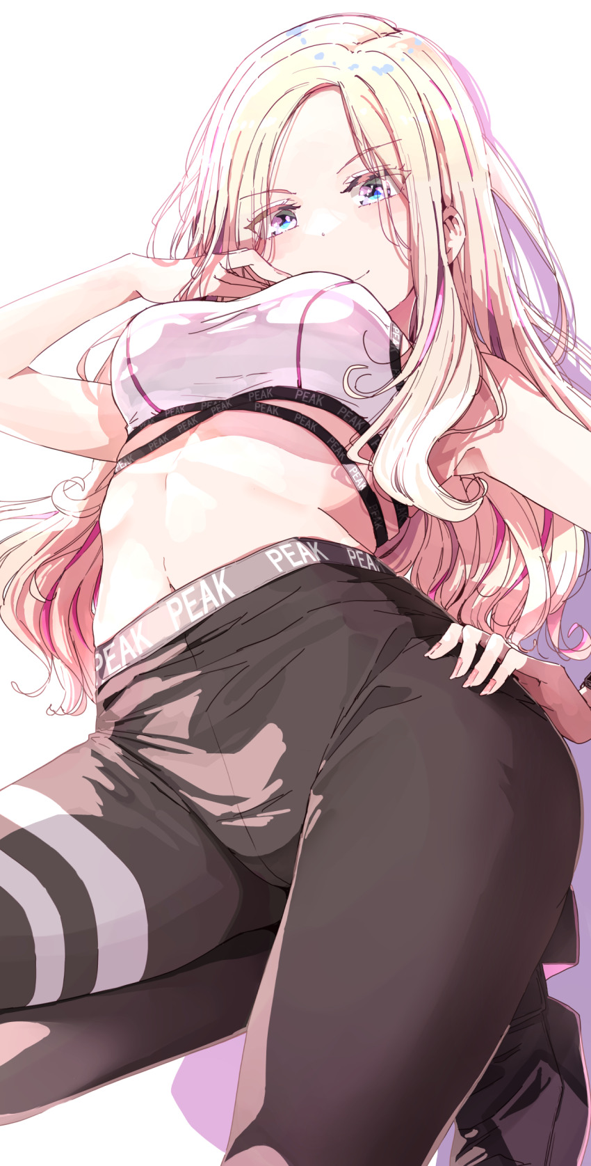 1girl black_pants blonde_hair blue_eyes breasts closed_mouth commentary gakuen_idolmaster hand_on_own_chest hand_on_own_hip highres idolmaster juo_sena long_hair looking_at_viewer medium_breasts midriff navel nyoijizai pants sidelocks simple_background solo sports_bra white_background white_sports_bra