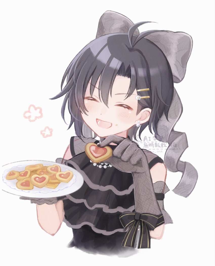 1girl antenna_hair black_hair bow closed_eyes commentary cookie cropped_torso earrings food gloves grey_bow hair_bow heart heart-shaped_food highres holding holding_cookie holding_food holding_plate idolmaster idolmaster_(classic) jewelry kikuchi_makoto open_mouth plate shirako_(srk_srtk) short_hair simple_background sleeveless smile solo symbol-only_commentary watermark white_background