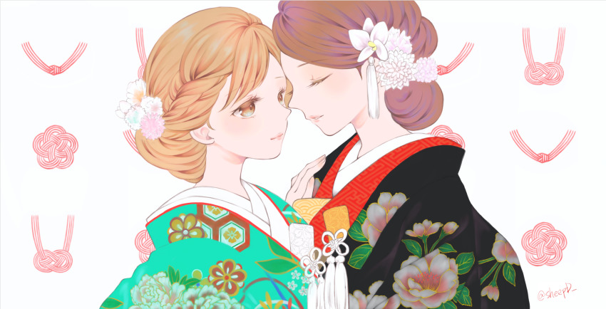 2girls aqua_kimono black_kimono blonde_hair bride brown_eyes brown_hair closed_eyes closed_mouth commentary female_focus floral_print flower forehead-to-forehead hair_flower hair_ornament hand_on_another&#039;s_shoulder heads_together highres japanese_clothes kimono knot layered_clothes layered_kimono lips long_hair looking_at_another matching_hair/eyes multiple_girls original parted_lips pink_flower print_kimono sheepd simple_background smile tassel twitter_username upper_body white_background wife_and_wife yuri