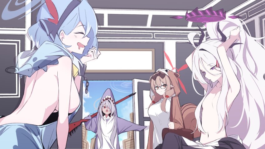 4girls :d ^_^ absurdres adjusting_hair ahoge ako_(blue_archive) ako_(dress)_(blue_archive) alternate_costume animal_hood animal_print armpits bag bare_back bell bent_over blue_archive blue_hair bolt_action breasts brown_eyes brown_hair chain chinatsu_(blue_archive) cleavage closed_eyes commentary_request cow_hood cow_print dark-skinned_female dark_skin demon_girl demon_horns drooling female_pervert grey_hair gun hair_between_eyes hair_bra hair_ornament hair_over_one_eye hair_tubes hairclip halo highres hina_(blue_archive) holding holding_gun holding_weapon hood hooded_pajamas horns indian_style indoors iori_(blue_archive) large_breasts long_hair long_sleeves looking_at_another mauser_98 mmhomm mouth_hold multiple_girls navel neck_bell open_door open_mouth pajamas parted_bangs pervert pointy_ears prefect_team_(blue_archive) purple_eyes red_eyes rifle shark_hood shoulder_bag sideboob sidelocks sitting sleepover small_breasts smile squirrel_hood stomach topless_female wavy_hair weapon white_hair