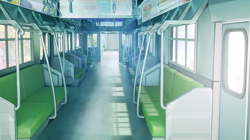 absurdres ad bus_interior day door english_text highres indoors no_humans original scenery shadow sunlight vanishing_point wayuzz99 window window_shadow