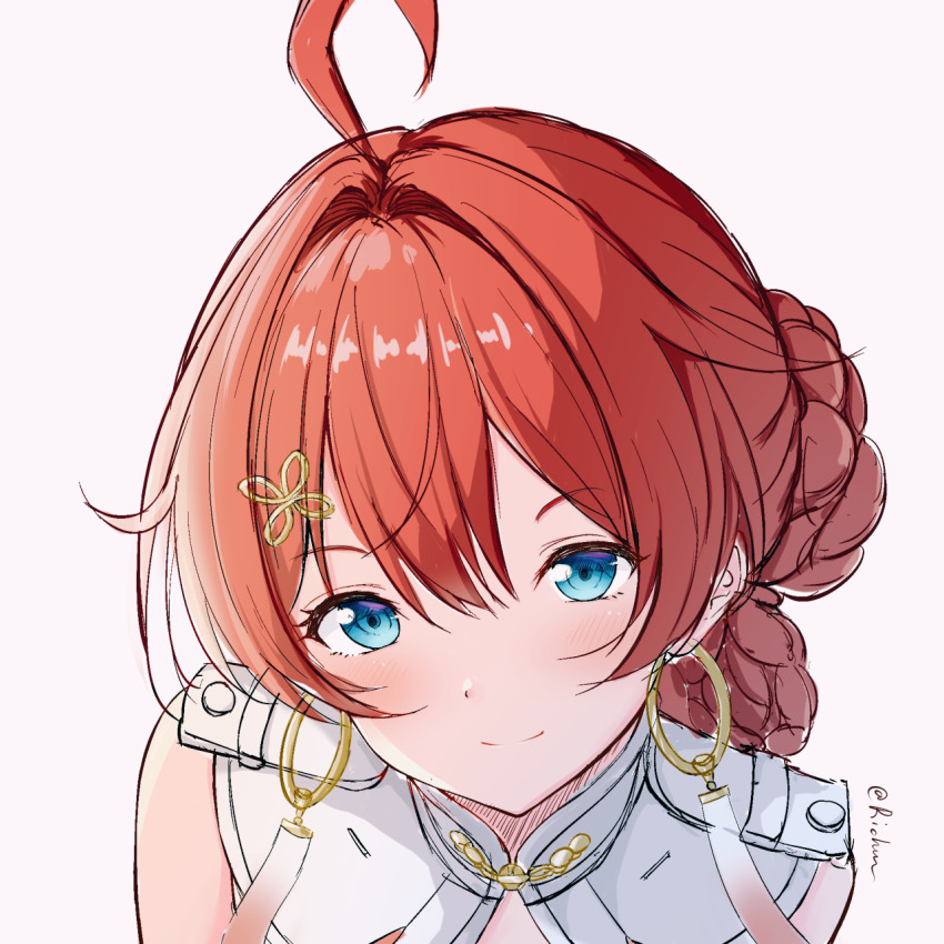 1girl ahoge blue_eyes blush braid danjin_(wuthering_waves) earrings folded_braid gold_earrings grey_background hair_between_eyes hair_intakes highres hoop_earrings jewelry leaning_forward looking_at_viewer ofuda_earrings portrait red_hair richou_(17758124) signature simple_background smile solo straight-on wuthering_waves