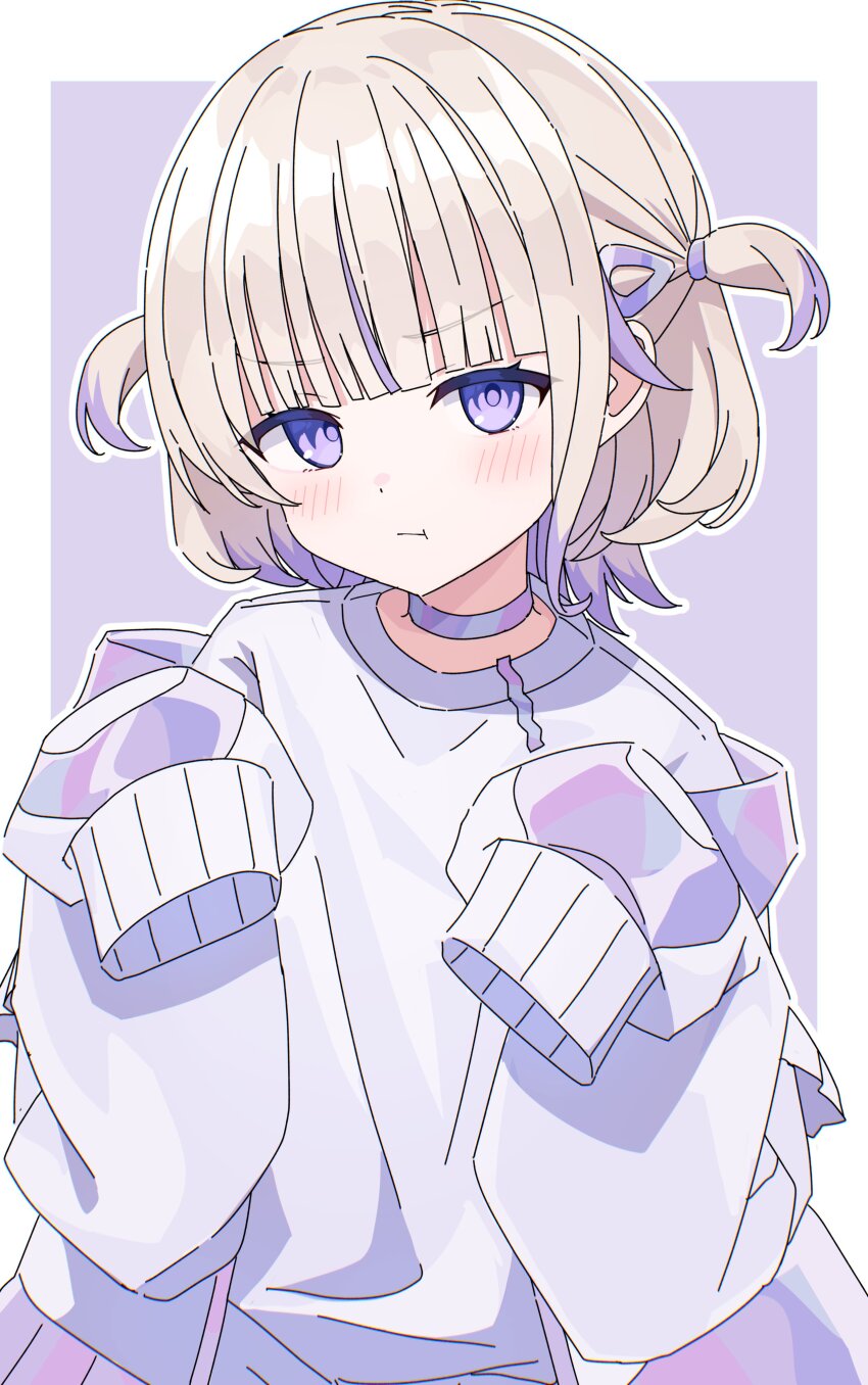 1girl :t absurdres blonde_hair blue_background blush border choker closed_mouth commentary_request dot_nose hands_up highres hololive hololive_dev_is kaie long_sleeves looking_at_viewer outline outside_border purple_choker purple_eyes purple_shirt shirt short_hair simple_background sleeves_past_fingers sleeves_past_wrists solo todoroki_hajime two_side_up upper_body white_border white_outline