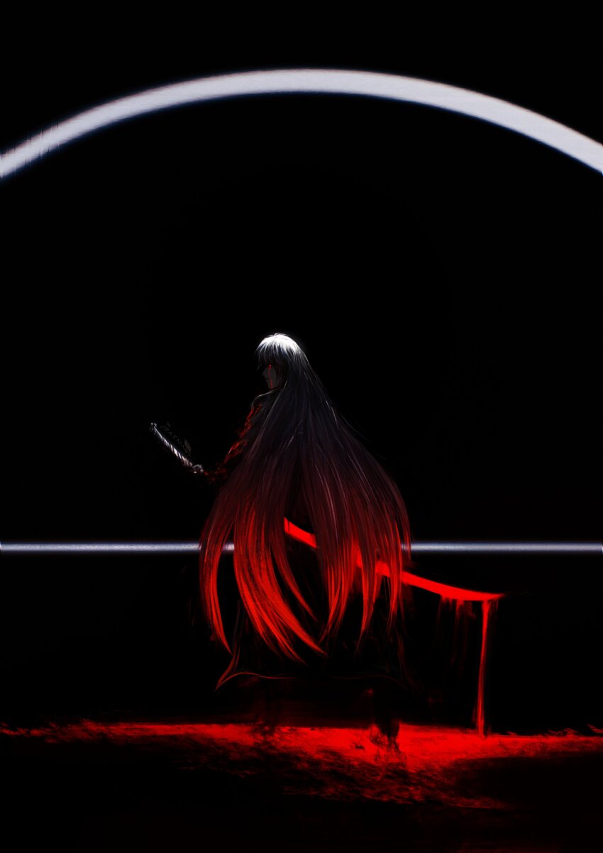 1girl absurdres acheron_(honkai:_star_rail) black_background colored_extremities crain1art from_behind glowing glowing_eyes glowing_sword glowing_weapon gradient_hair highres holding holding_sword holding_weapon honkai:_star_rail honkai_(series) multicolored_hair official_alternate_color red_hair red_hands solo sword weapon