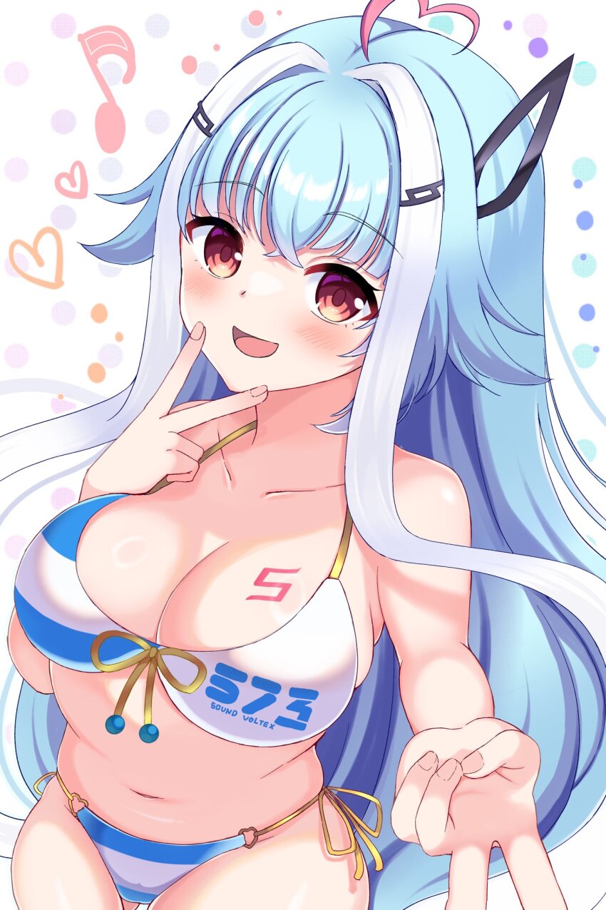 1girl bemani bikini blue_hair blush breasts cleavage clothes_writing collarbone double_v hair_ornament heart highres ichika_(bemani) large_breasts long_hair looking_at_viewer musical_note navel open_mouth sen_chan_(akane1023) smile solo sound_voltex striped_bikini striped_clothes swimsuit v