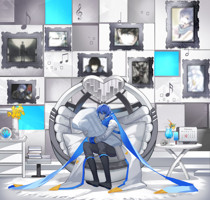 1boy absurdres bad_id bad_pixiv_id ball_chair beamed_eighth_notes black_boots blue_eyes blue_hair blue_pants blue_scarf book book_stack boots calendar_(object) coat colored_skin commentary drinking_straw eighth_note flower food framed_image fruit graphic_equalizer headset heart highres holding holding_toy hugging_object ice_cream_bar ice_cream_cone kaito_(vocaloid) kaito_(vocaloid3) kazenemuri knee_boots lemon lemon_slice light_smile looking_at_viewer male_focus musical_note oversized_food oversized_object pants photo_(object) picture_frame quarter_note scarf sitting sixteenth_note solo song_request stuffed_toy table toy treble_clef tropical_drink vase vocaloid waffle_cone white_coat white_skin wide_shot yellow_flower