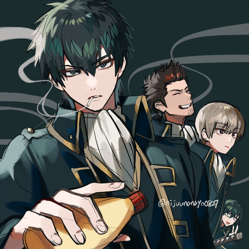 4boys black_background black_hair black_jacket bottle brown_eyes brown_hair cigarette closed_eyes commentary_request gintama grey_eyes grin hair_between_eyes highres hijikata_toushirou holding holding_bottle jacket katana kondou_isao looking_at_viewer male_focus mayonnaise_bottle mouth_hold multiple_boys ninahachi okita_sougo open_clothes open_jacket shinsengumi_(gintama) smile smoke smoking sword thick_eyebrows tongue tongue_out v weapon yamazaki_sagaru