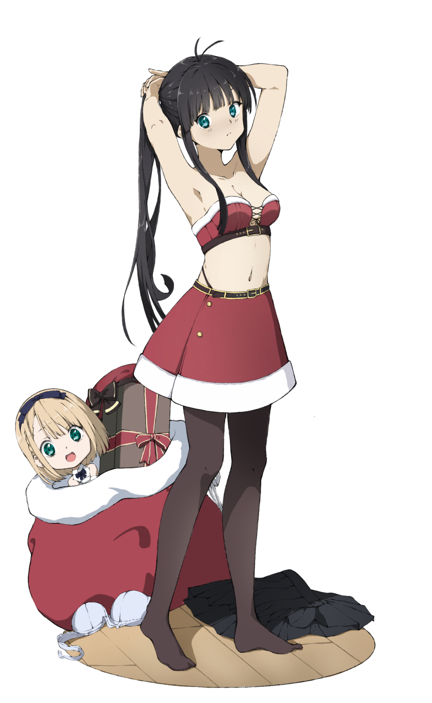 22/7 2girls :d absurdres antenna_hair bare_shoulders belt belt_buckle black_hair black_skirt blonde_hair box bra breasts brown_belt brown_pantyhose buckle closed_mouth collarbone full_body gift gift_box green_eyes highres long_hair morinomiya_ruri multiple_girls navel no_shoes open_mouth pantyhose pleated_skirt ponytail red_skirt saito_nicole santa_costume short_hair sidelocks skirt smile tying_hair underwear unworn_bra unworn_skirt white_background white_bra wooden_floor yagami_toa