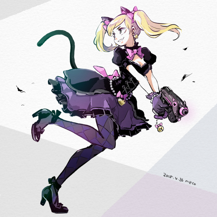 1girl animal_ears ankle_ribbon argyle_clothes argyle_pantyhose beads black_cat_d.va black_dress black_eyes black_footwear black_gloves blonde_hair bodice bow breasts cat_ears cat_tail charm_(object) cleavage d.va_(overwatch) dated dress earrings female_focus finger_on_trigger frilled_skirt frills full_body gloves grey_background grin gun hair_bow handgun heart heart_earrings high_heels holding holding_gun holding_weapon jewelry leg_ribbon looking_back meco medium_breasts official_alternate_costume overwatch overwatch_1 pantyhose pink_bow pistol puffy_short_sleeves puffy_sleeves purple_pantyhose ribbon running short_sleeves simple_background sketch skirt smile solo tail twintails weapon weapon_charm white_background