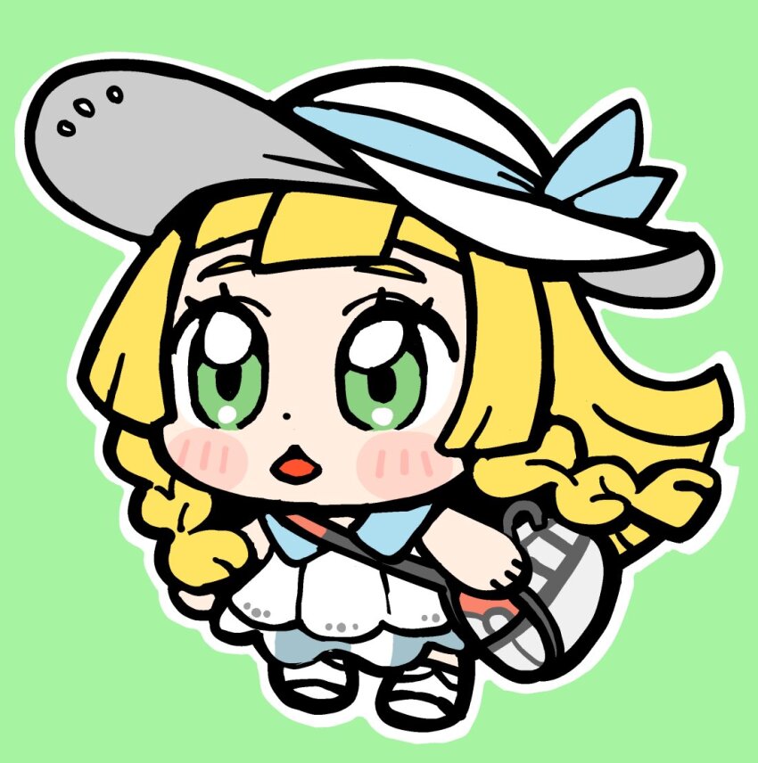 1girl :o bag bkub blonde_hair blush chibi chibi_only dress duffel_bag eyelashes full_body green_background green_eyes hat lillie_(pokemon) long_hair nintendo open_mouth outline pokemon pokemon_sm shoulder_bag solo white_dress white_hat white_outline