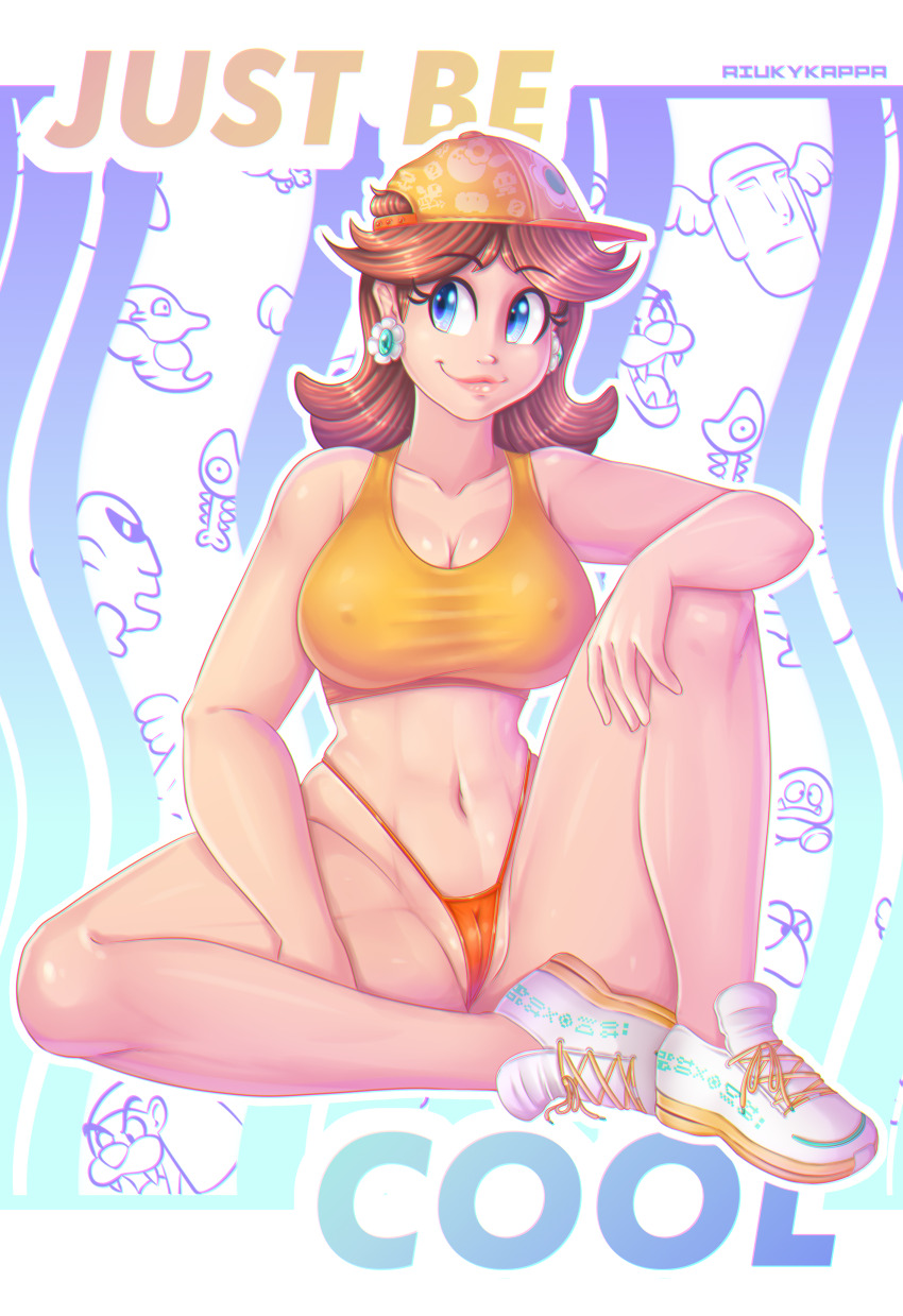 1girl absurdres artist_name batadon blue_eyes breasts brown_hair cameltoe covered_erect_nipples dragonzamasu earrings flower_earrings goombo hat highres hiyoihoi honen jewelry king_totomesu large_breasts legs lips mario_(series) midriff navel nintendo princess princess_daisy riukykappa short_hair sitting smile solo super_mario_land tank_top thick_thighs thighs thong toned torion yurarin_(mario)