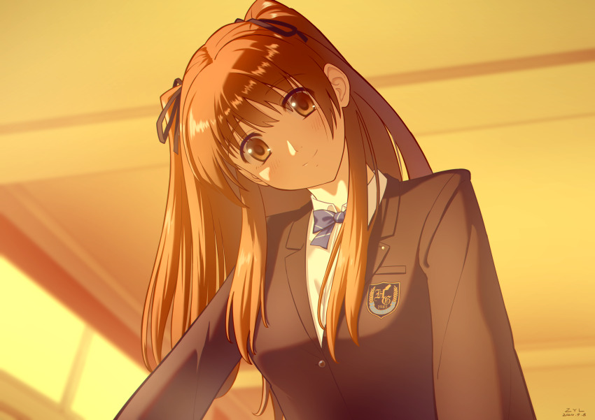 1girl absurdres artist_name blue_bow bow brown_eyes brown_hair dated highres indoors long_hair long_sleeves looking_at_viewer ogiso_setsuna school_uniform upper_body white_album_(series) white_album_2 zyl_(pixiv_25086308)