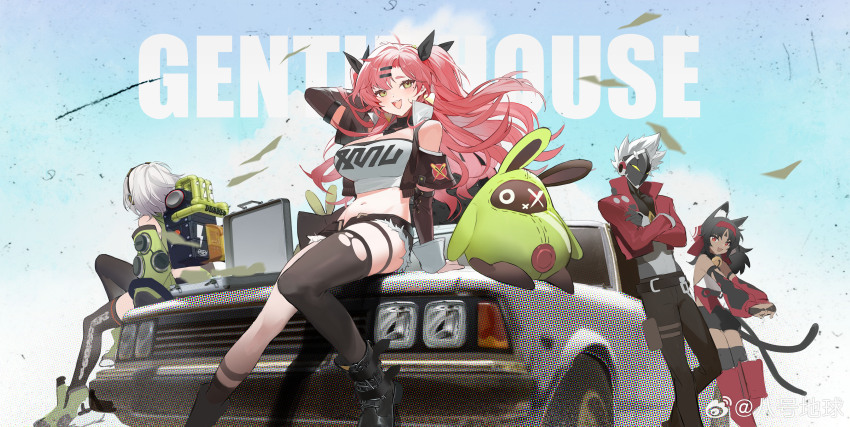 3girls absurdres anby_demara bahao_diqiu billy_kid black_hair blush brown_hair car hat highres long_hair motor_vehicle multiple_girls nekomiya_mana nicole_demara on_car open_mouth school_uniform short_hair sitting skirt smile twintails white_car zenless_zone_zero