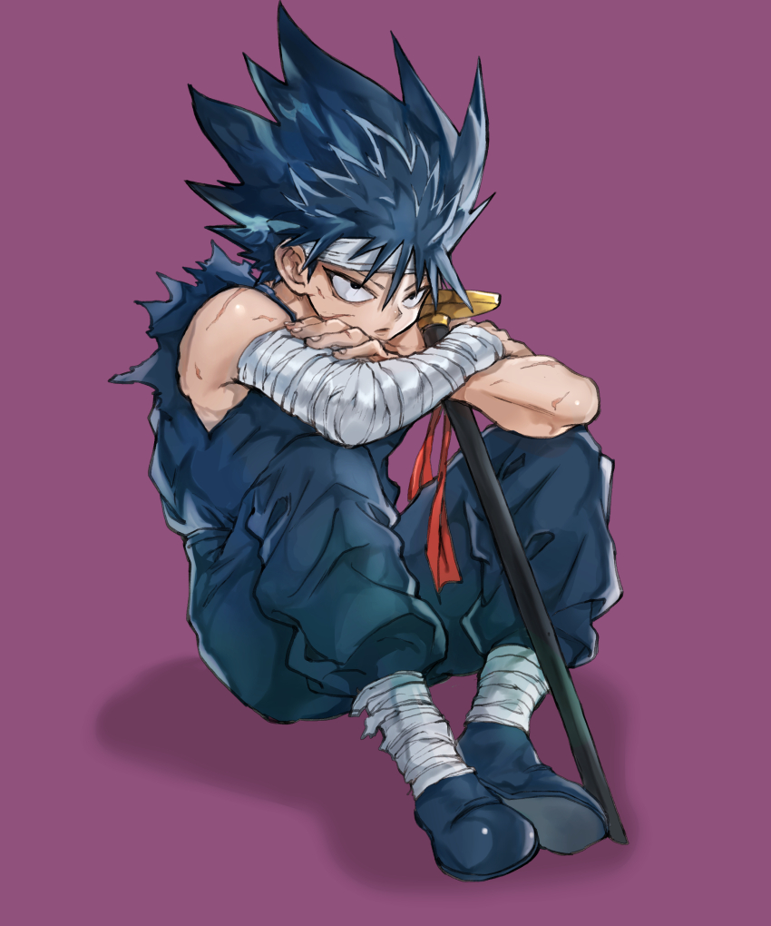 1boy absurdres bandaged_ankle bandaged_arm bandages black_eyes black_footwear black_hair black_pants black_shirt crossed_arms drop_shadow hajime_(kuninotokotatinokami) headband hiei_(yu_yu_hakusho) highres multiple_scars pants purple_background scabbard scar scar_on_arm scar_on_face scar_on_hand sheath shirt sitting sleeveless spiked_hair sword torn_clothes torn_sleeves weapon white_headband yuu_yuu_hakusho