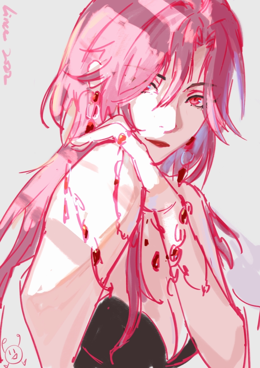 1girl 2022 absurdres countess_chelsea_(path_to_nowhere) earrings hand_on_own_shoulder highres jewelry linceyang looking_at_viewer necklace path_to_nowhere pink_hair red_eyes signature slit_pupils