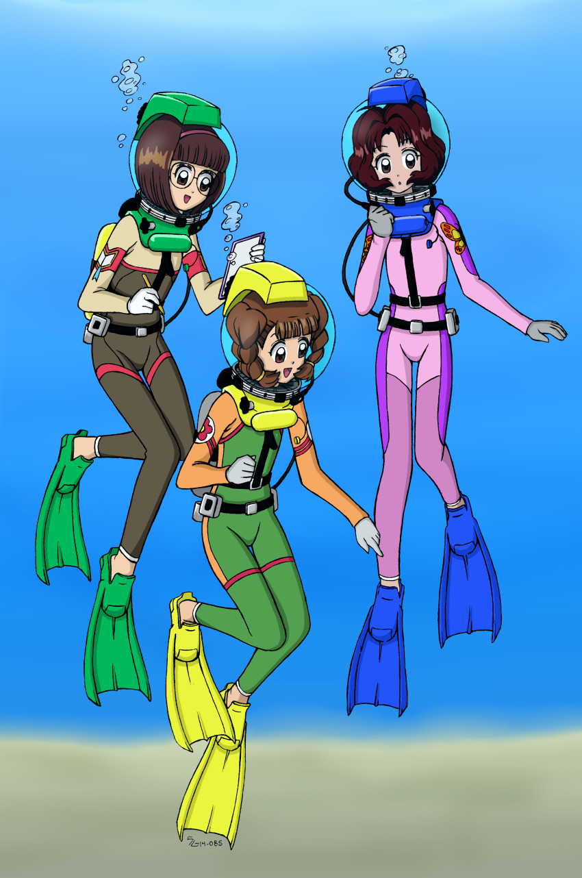3girls absurdres bodysuit braid brown_eyes brown_hair bubble cardcaptor_sakura clipboard diving_suit hairband helmet highres mihara_chiharu multiple_girls sasaki_rika short_hair shoxxe the-sakura-samurai underwater wetsuit yanagisawa_naoko
