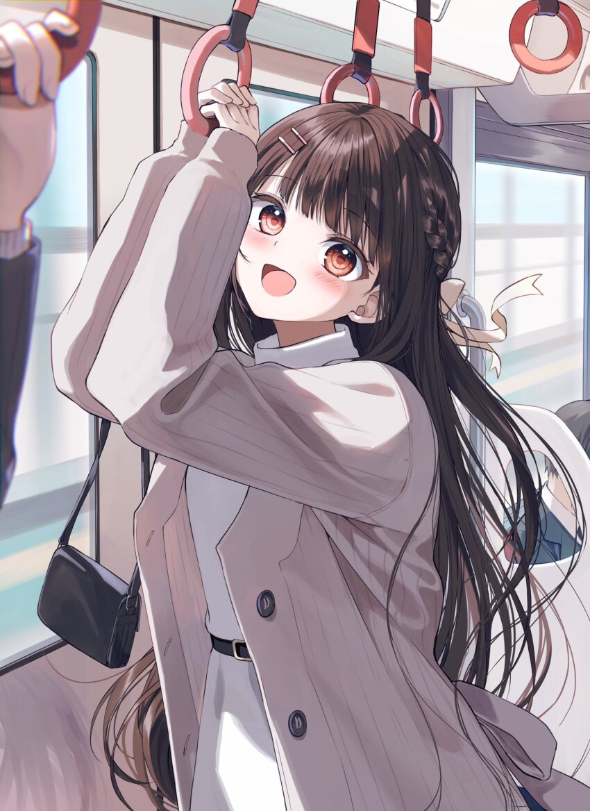 1boy 1girl 1other :d arms_up bag belt belt_buckle black_belt blush bow braid brown_hair buckle commentary_request dress grey_jacket hair_bow hair_ornament hairclip hand_grip handbag highres jacket long_sleeves looking_at_viewer open_clothes open_jacket open_mouth original osana_naruka pentagon_(railgun_ky1206) puffy_long_sleeves puffy_sleeves red_eyes smile solo_focus train_interior white_bow white_dress