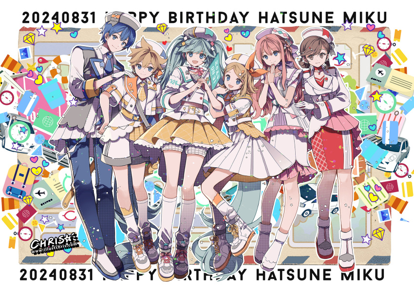 2boys 4girls :d backpack bag beret blazer blonde_hair blue_eyes blue_hair blue_pants border bow brown_eyes brown_hair car character_name chris4708 closed_mouth dated denim diamond_(gemstone) dutch_angle full_body grey_hat hair_between_eyes hair_bow happy_birthday hat hatsune_miku heart highres holding_hands jacket jeans kagamine_len kagamine_rin kaito_(vocaloid) kneehighs leaning_to_the_side long_hair long_sleeves looking_at_viewer magical_mirai_(vocaloid) magical_mirai_kaito magical_mirai_kaito_(2024) magical_mirai_len magical_mirai_len_(2024) magical_mirai_luka magical_mirai_luka_(2024) magical_mirai_meiko magical_mirai_meiko_(2024) magical_mirai_miku magical_mirai_miku_(2024) magical_mirai_rin magical_mirai_rin_(2024) megurine_luka meiko_(vocaloid) miniskirt motor_vehicle multiple_boys multiple_girls open_mouth orange_bow orange_sailor_collar outside_border pants pencil_skirt petticoat pink_hair pleated_skirt red_skirt sailor_collar shirt shoes short_hair shorts shorts_under_skirt side-by-side sidelocks skirt smile socks star_(symbol) ticket twintails very_long_hair vocaloid white_border white_footwear white_jacket white_shirt white_shorts white_skirt white_socks yellow_sailor_collar yellow_skirt