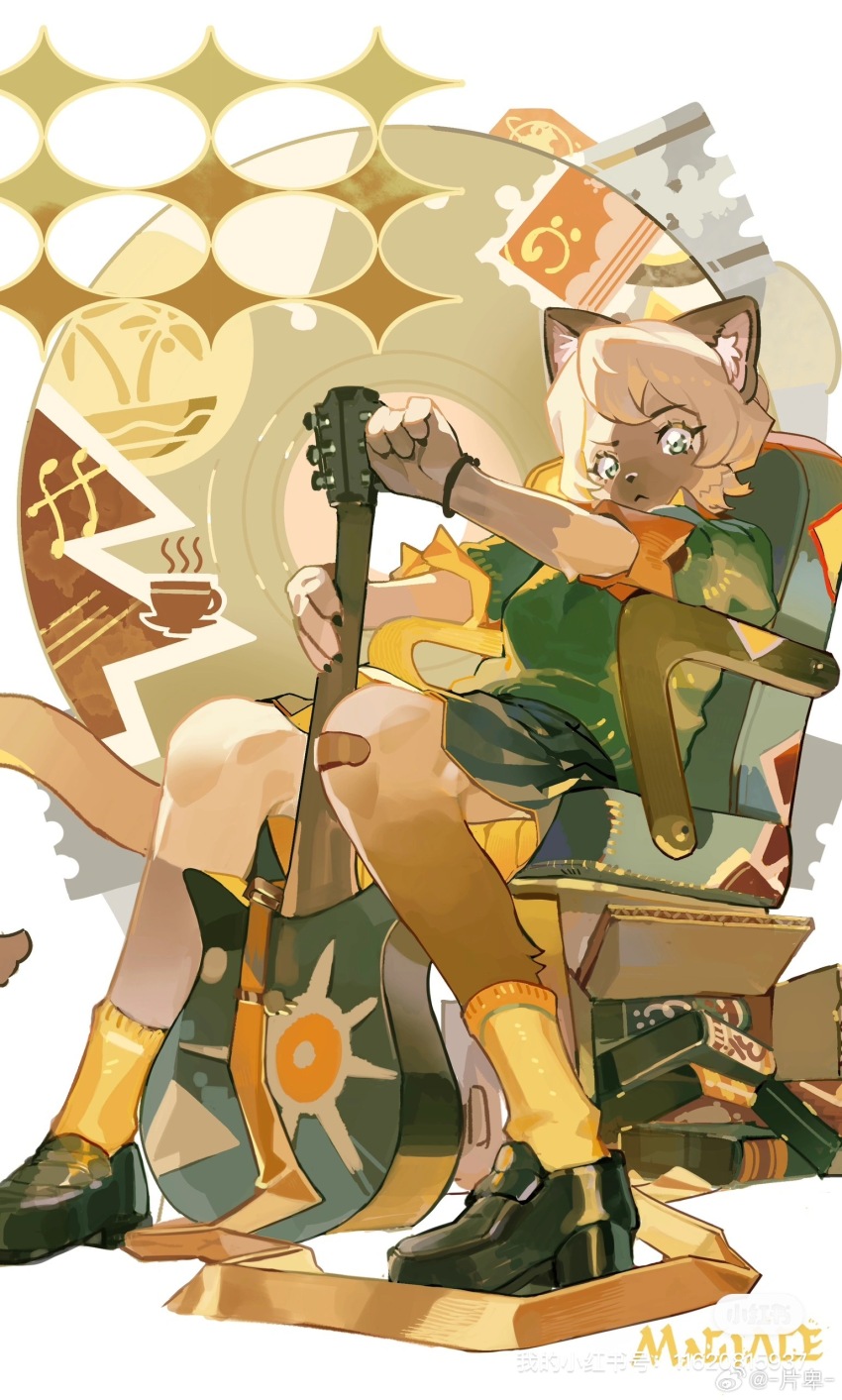 1girl :&lt; absurdres animal_ear_fluff animal_ears animal_nose aqua_eyes arm_up artist_name bandaid bandaid_on_knee bandaid_on_leg black_shoes black_skirt bob_cut body_fur book box bracelet breasts brown_fur cardboard_box cat_ears cat_girl cat_tail cd closed_mouth cropped female_focus full_body furry furry_female green_sweater guitar highres holding holding_guitar holding_instrument instrument jewelry magiace miniskirt on_chair orange_shirt original postage_stamp raised_eyebrow shirt shoes short_hair short_sleeves siamu_(magiace) signature sitting skirt small_breasts socks solo sweater tail ticket tuning_instrument two-tone_fur watermark weibo_watermark white_fur white_hair xiaohongshu_watermark yellow_socks