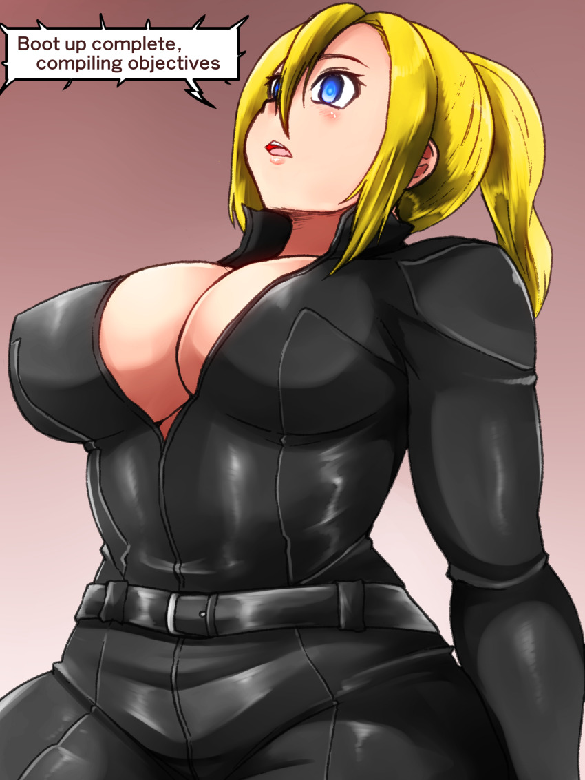 1girl absurdres android blonde_hair blue_eyes breasts commission english_text glowing glowing_eyes highres isna_(footprintsofisna) jumpsuit large_breasts non-web_source pixiv_commission t-800 terminator_(series) the_terminator