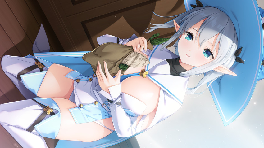 1girl bag black_ribbon blue_cape blue_eyes blue_hat blue_shirt boots breasts cape cleavage detached_sleeves earrings game_cg girls_frantic_clan hat herb highres holding holding_bag indoors jewelry large_breasts looking_at_object matsudo_minami medium_hair multicolored_cape non-web_source official_art open_mouth panties ribbon seiza shirt sitting smile solo sunlight thigh_boots two-sided_cape two-sided_fabric two_side_up underwear white_cape white_hair white_panties white_sleeves witch_hat yaegashi_nan