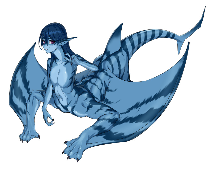 1girl animal_hands bare_shoulders black_claws blue_hair blue_skin breasts clawed_hands colored_skin commentary completely_nude extra_legs fins fish_girl fish_tail full_body head_fins highres long_hair looking_at_viewer monster_girl multicolored_skin no_nipples nude original p.maker parted_lips purple_eyes shark_fin shark_girl shark_tail simple_background small_breasts solo stomach symbol-only_commentary tail taur tiger_stripes white_background