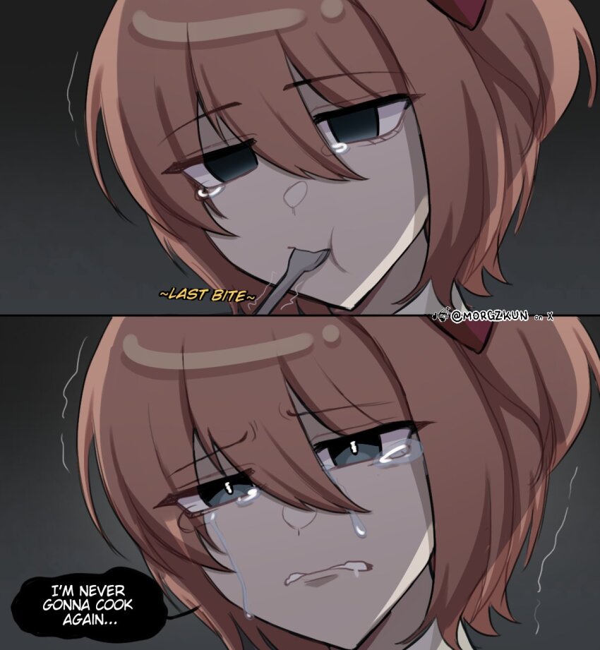 1girl artist_self-insert blue_eyes brown_hair closed_mouth crying crying_with_eyes_open doki_doki_literature_club double-parted_bangs eating empty_eyes english_text grey_background hair_between_eyes highres looking_down morgzkun sad sayori_(doki_doki_literature_club) short_hair speech_bubble tearing_up tears