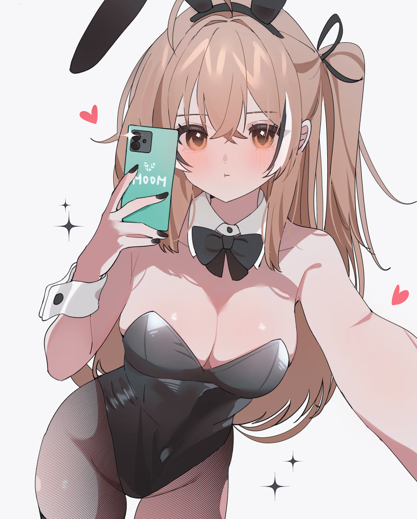 1girl absurdres ahoge animal_ear_hairband animal_ears bare_shoulders black_bow black_bowtie black_leotard bow bowtie breasts brown_eyes brown_hair cellphone cleavage covered_navel crossed_bangs detached_collar double-parted_bangs fake_animal_ears fishnet_pantyhose fishnets hair_between_eyes hairband hana20000920 hand_up highleg highleg_leotard highres holding holding_phone hololive hololive_english leotard long_hair looking_at_viewer medium_breasts multicolored_hair nanashi_mumei one_side_up pantyhose phone playboy_bunny pout rabbit_ear_hairband rabbit_ears reaching reaching_towards_viewer revision selfie simple_background smartphone solo strapless strapless_leotard streaked_hair virtual_youtuber white_background wrist_cuffs