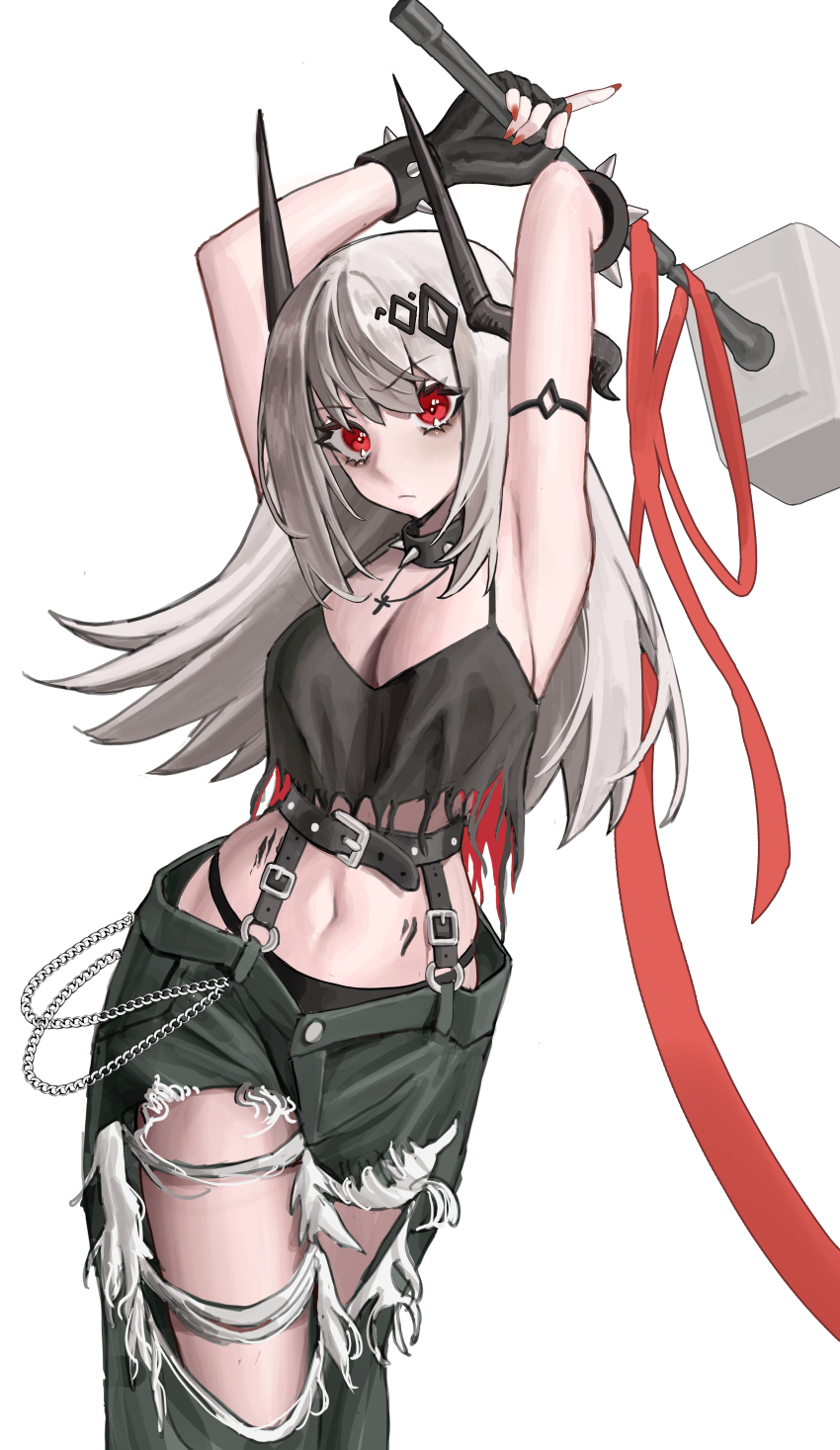 1girl absurdres arknights arms_up belt belt_buckle black_belt black_gloves black_horns black_panties black_pants breasts buckle chain chest_belt cleavage closed_mouth commentary_request crop_top fingerless_gloves gloves grey_hair hair_between_eyes hammer high_belt highres holding holding_hammer holding_weapon horns large_breasts long_hair looking_at_viewer material_growth midriff mudrock_(arknights) navel oripathy_lesion_(arknights) panties pants partial_commentary red_eyes simple_background sledgehammer solo spikes tomodach1666 torn_clothes torn_pants underwear weapon white_background