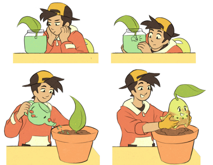 1boy backwards_hat baseball_cap black_hair chikorita ethan_(pokemon) fruitcombo game_freak gen_2_pokemon gloves hat holding holding_jar holding_watering_can jar looking_at_another male_focus nintendo phanpy pokemon pokemon_(creature) pokemon_hgss smile watering_can yellow_gloves