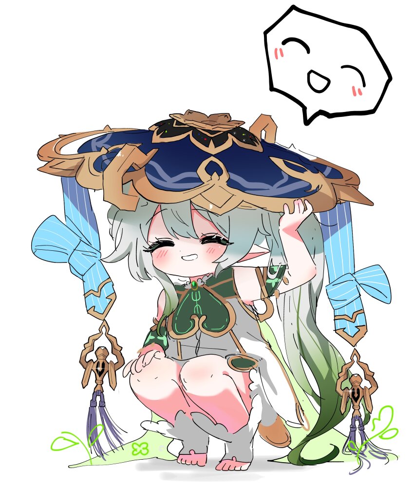 1girl 52601i absurdres armlet asymmetrical_sidelocks bloomers blue_hat closed_eyes cosplay detached_sleeves double-parted_bangs dress female_focus genshin_impact gold gradient_hair green_hair green_sleeves hair_between_eyes hand_on_own_knee hand_up hat highres holding holding_unworn_clothes holding_unworn_hat jewelry jingasa knees knot long_hair multicolored_hair nahida_(genshin_impact) parted_lips pointy_ears scaramouche_(genshin_impact) side_ponytail sidelocks smile solo squatting stirrup_footwear stirrup_legwear tassel toeless_footwear toeless_legwear toes underwear unworn_hat unworn_headwear wanderer_(genshin_impact) wanderer_(genshin_impact)_(cosplay) white_background white_bloomers white_dress