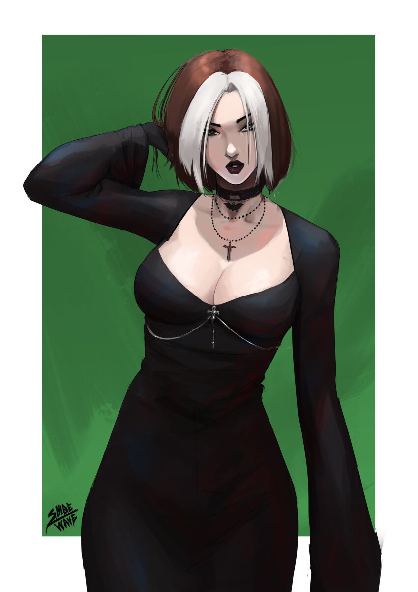 1girl absurdres artist_logo bodysuit breasts brown_hair choker dress formal_clothes gloves goth_fashion green_eyes highres logo looking_at_viewer makeup marvel multicolored_hair rogue_(x-men) shibewave solo two-tone_hair white_hair x-men x-men_evolution