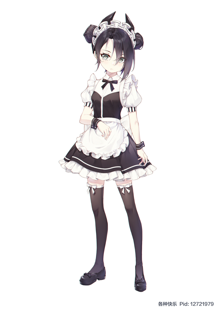 1girl aged_down agent_(girls&#039;_frontline) alternate_costume apron black_hair breasts commission double_bun dress frilled_apron frilled_dress frills full_body ge_zhong_kuaile girls&#039;_frontline hair_bun highres maid maid_apron maid_headdress pixiv_commission puffy_short_sleeves puffy_sleeves ribbon-trimmed_legwear ribbon_trim sangvis_ferri short_hair short_sleeves small_breasts solo thighhighs wrist_cuffs