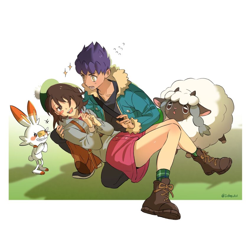 1boy 1girl ;d boots brown_boots brown_eyes brown_hair buttons cardigan commentary_request dress flying_sweatdrops gen_8_pokemon gloria_(pokemon) green_bag green_hat green_socks grey_cardigan hat highres hood hood_down hooded_cardigan hop_(pokemon) inbagzlzl jacket korean_commentary nintendo one_eye_closed open_mouth pants pink_dress pokemon pokemon_(creature) pokemon_swsh scorbunny shirt short_hair smile socks sparkle tam_o&#039;_shanter teeth tongue wooloo