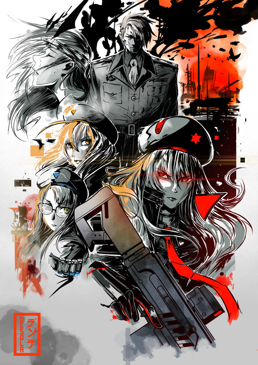 1boy 4girls absurdres ahoge ammunition_belt anis_(nikke) artist_name assault_rifle asymmetrical_bangs belt black_belt black_coat black_collar black_gloves black_hat black_shirt blue_trim breast_pocket bug bullet butterfly buttons cheekbones closed_eyes coat collar collared_shirt commander_(nikke) commentary counters_(nikke) curtained_hair desola english_commentary facial_hair facing_viewer gloves glowing glowing_eyes goatee_stubble goddess_of_victory:_nikke grey_necktie gun hair_between_eyes hair_flowing_over hat high_collar highres holding holding_gun holding_weapon insect limited_palette lips long_bangs looking_to_the_side marian_(nikke) militaria_(nikke) military_coat military_hat military_uniform mixed-language_text multiple_girls necktie neon_(nikke) nose orange_trim parted_bangs pocket rapi_(nikke) red_trim rifle semi-rimless_eyewear shirt short_hair skirt spiked_hair stubble weapon white_skirt