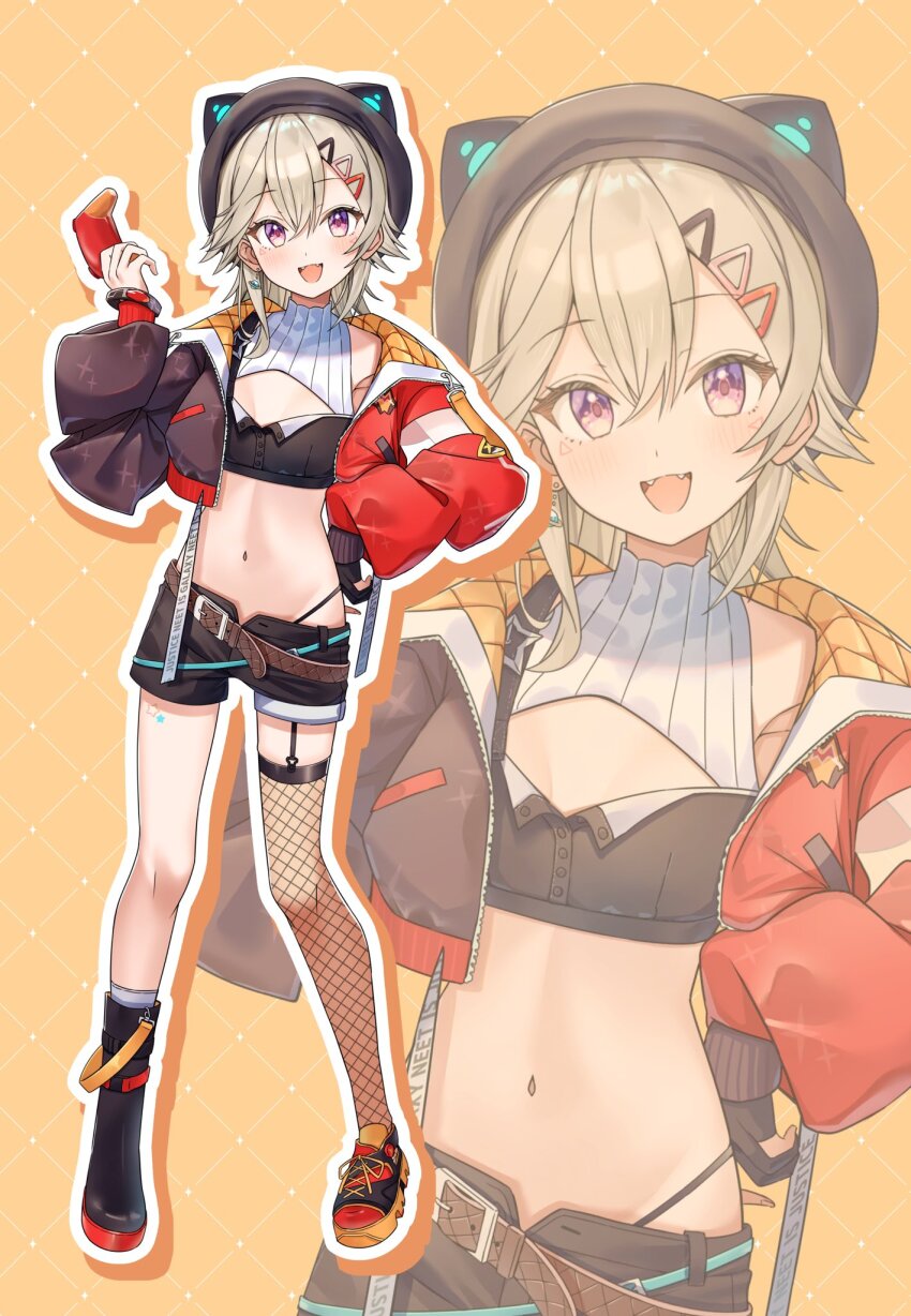 1girl animal_hat asymmetrical_footwear belt black_hat black_shorts blonde_hair blush boots breasts brown_belt cat_hat commentary_request cropped_jacket earrings fangs fishnet_thighhighs fishnets full_body hair_ornament hairclip hat highres holding jacket jewelry komori_met komori_met_(5th_costume) looking_at_viewer mismatched_footwear navel open_clothes open_jacket open_mouth outline purple_eyes shoes shorts single_thighhigh small_breasts solo thighhighs uneven_footwear virtual_youtuber vspo! white_outline yoshidadon zoom_layer