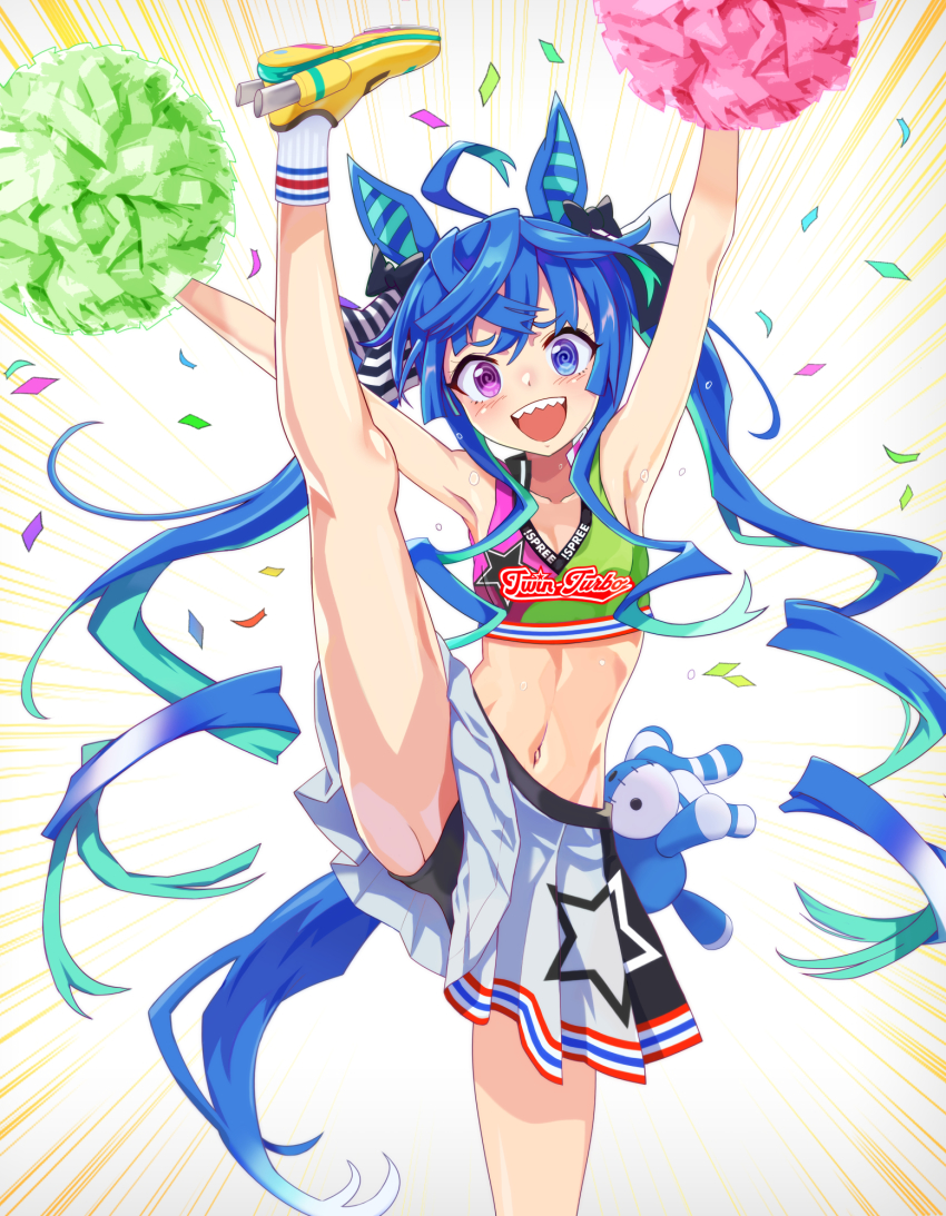 @_@ animal_ears armpits arms_up bad_id bad_pixiv_id bike_shorts blue_hair blush breasts cheerleader commentary_request heterochromia highres horse_ears horse_tail leg_up long_hair midriff okken pom_pom_(cheerleading) shoes simple_background small_breasts sports_bra tail teeth twin_turbo_(umamusume) umamusume